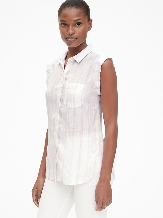 View large product image 1 of 1. Sleeveless Button-Front Shirt in Linen