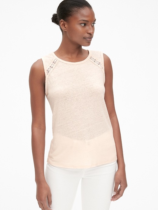 View large product image 1 of 1. Lace-Insert Tank Top in Linen