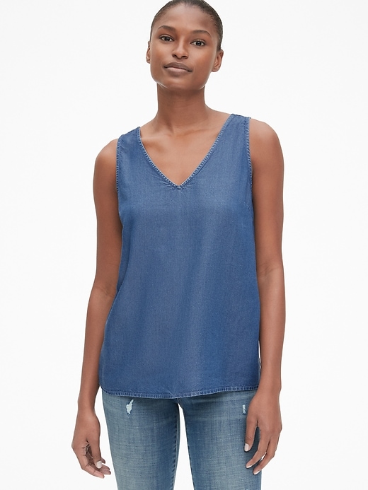 View large product image 1 of 1. Sleeveless V-Neck Top in TENCEL&#153