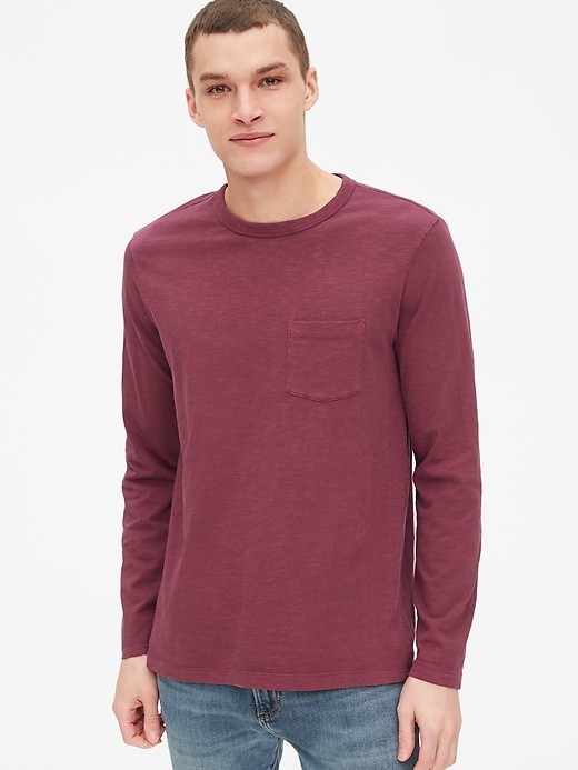 1 of 8 showing, with the color red delicious of product Vintage Slub Jersey Long Sleeve Pocket T-Shirt