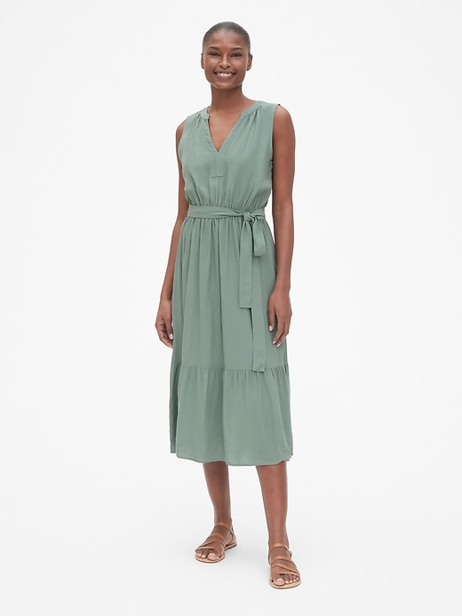Image number 3 showing, Split-Neck Tiered Midi Dress