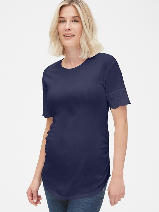 Image number 6 showing, Maternity Crewneck T-Shirt with Eyelet Embroidered Cuffs