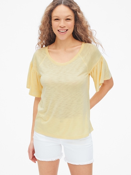 View large product image 1 of 1. Ruffle Sleeve T-Shirt in Slub Jersey