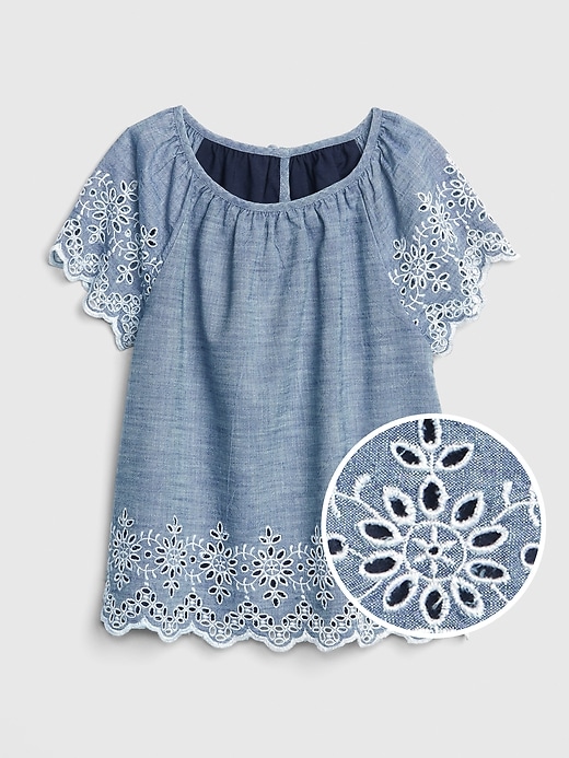 1 of 8 showing, with the color blue chambray of product Kids Chambray Eyelet Top