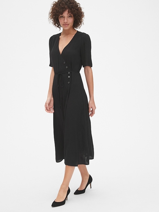 Short Sleeve Side Button Midi Wrap Dress
