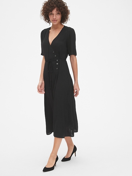 View large product image 1 of 1. Short Sleeve Side-Button Midi Wrap Dress