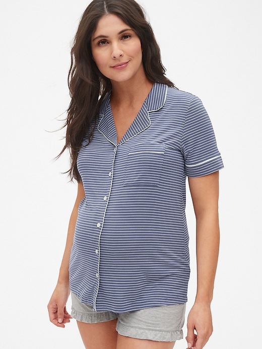 1 of 8 showing, with the color blue white stripe of product Maternity Button-Front Sleep Top in Modal