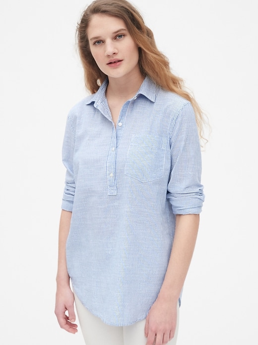1 of 8 showing, with the color blue stripe of product Boyfriend Stripe Popover Shirt