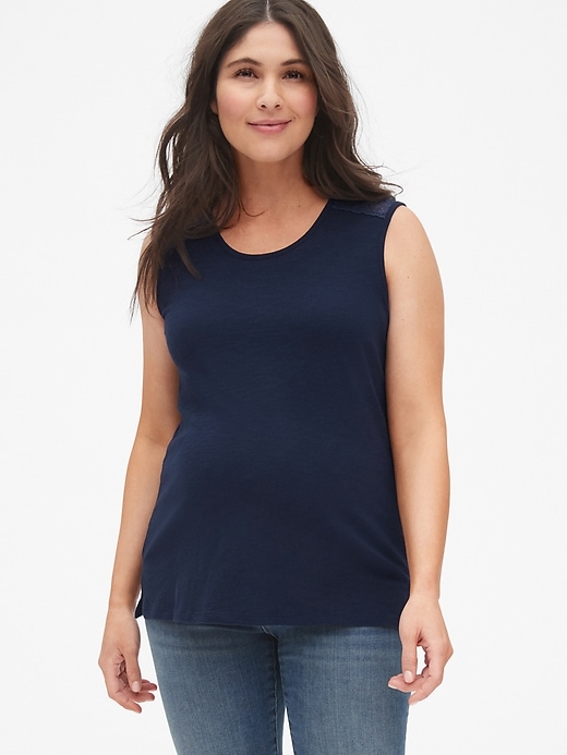 View large product image 1 of 1. Maternity Lace-Trim Tank Top in Slub Jersey