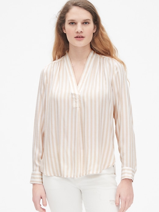 View large product image 1 of 1. Stripe Popover V-Neck Tunic Shirt