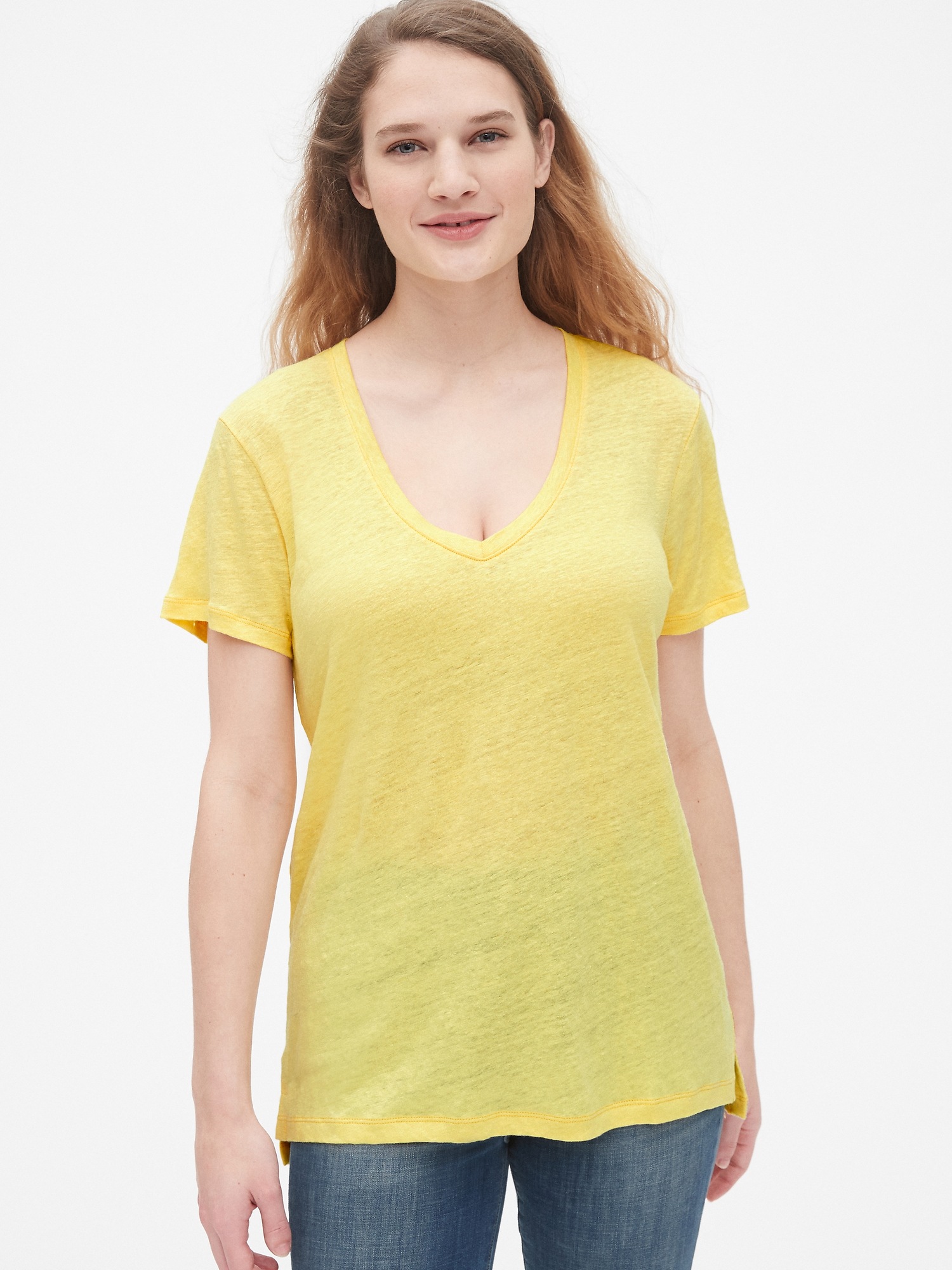 V Neck T Shirt In Linen Gap