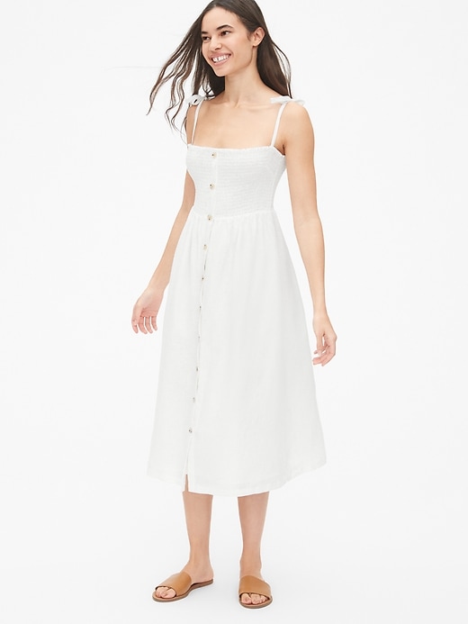Smocked Tie-Strap Midi Dress in Linen