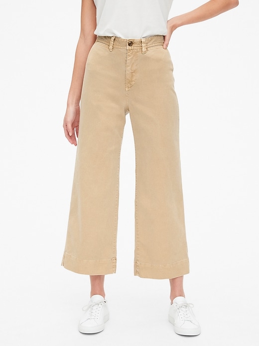 1 of 8 showing, with the color khaki of product High Rise Wide-Leg Crop Khakis