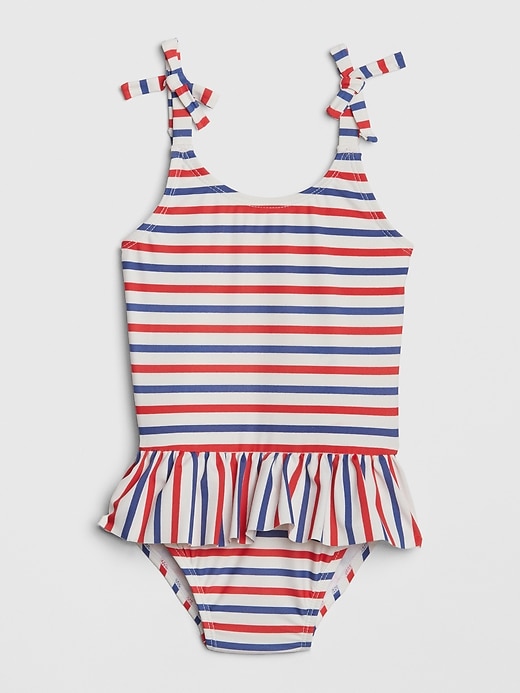 1 of 8 showing, with the color pure red stripe of product Toddler Print Swim One-Piece