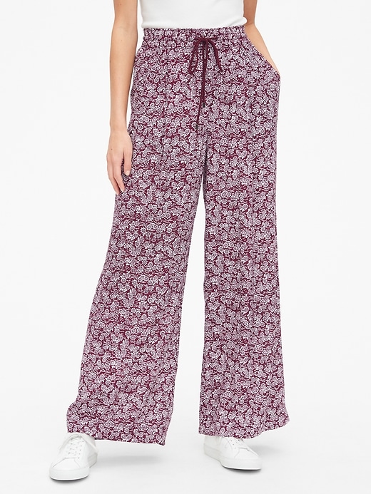 1 of 8 showing, with the color burgundy floral of product Print Wide-Leg Drawstring Pants