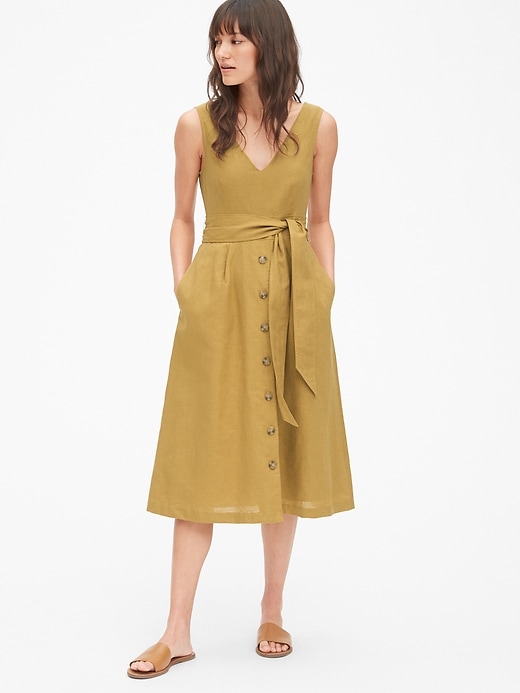 View large product image 1 of 1. Button-Front Midi Dress in Linen