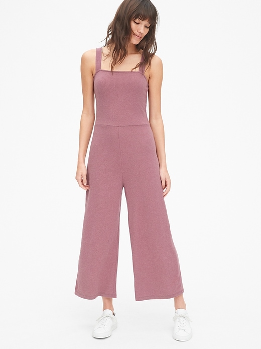 View large product image 1 of 1. Ribbed Square-Neck Wide-Leg Jumpsuit