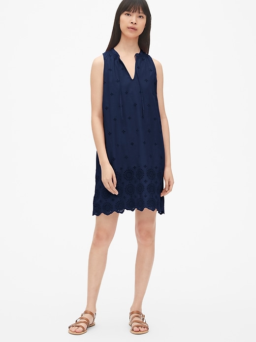 View large product image 1 of 1. Eyelet Embroidered Tie-Neck Shift Dress