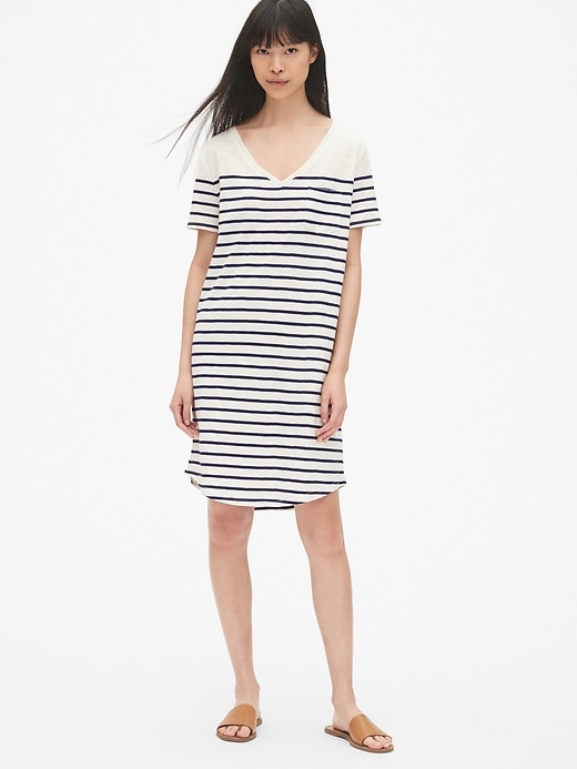 View large product image 1 of 1. Stripe Relaxed V-Neck Pocket T-Shirt Dress