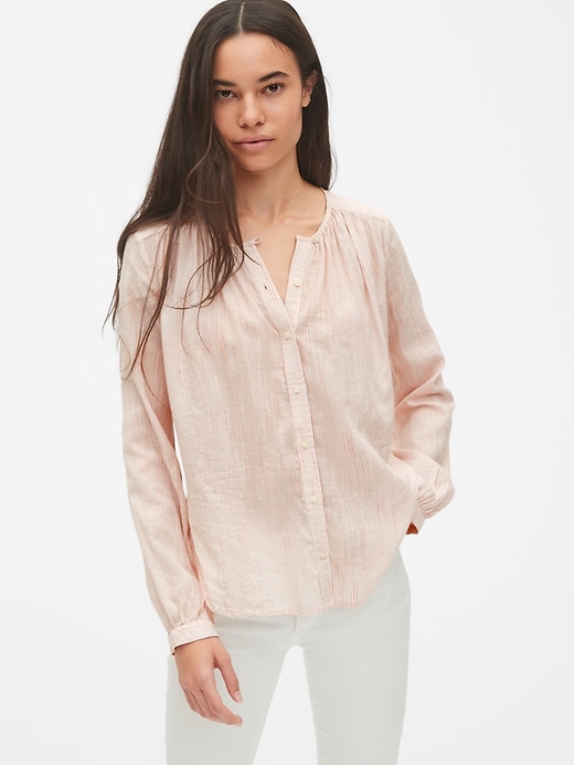 1 of 8 showing, with the color pink stripe of product Long Sleeve Shirred Blouse