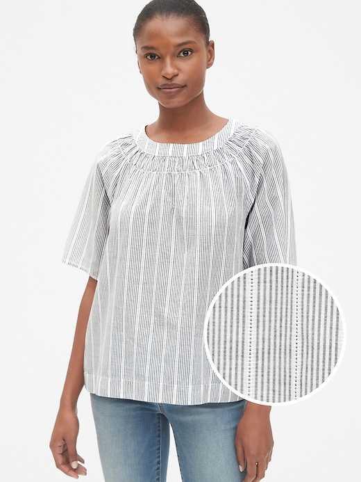 View large product image 1 of 1. Short Sleeve Smocked Crewneck Top in Dobby Stripe