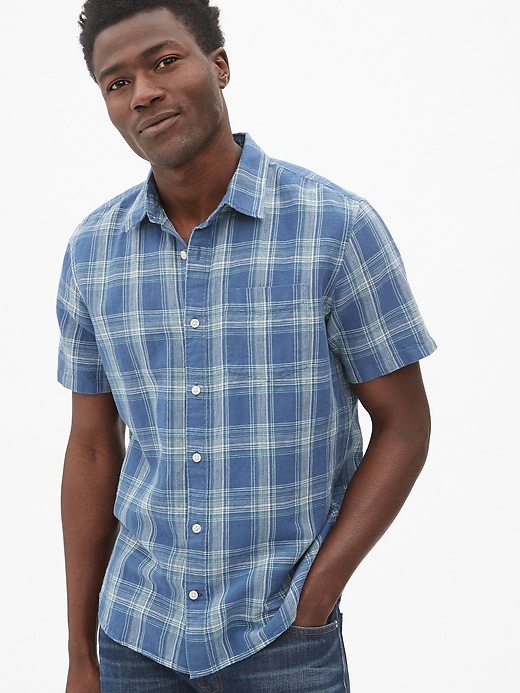 1 of 8 showing, with the color navy heather of product Linen-Cotton Short Sleeve Shirt