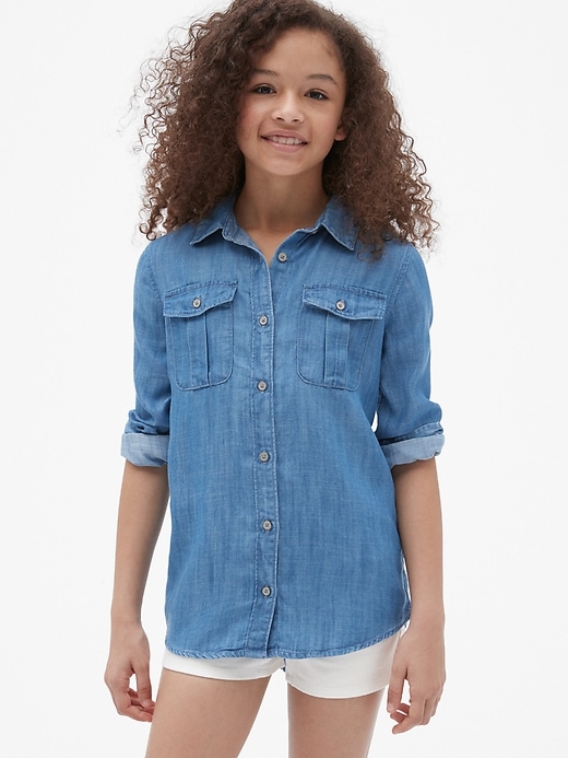 2 of 8 showing, with the color medium wash of product Kids Denim Long Sleeve Shirt