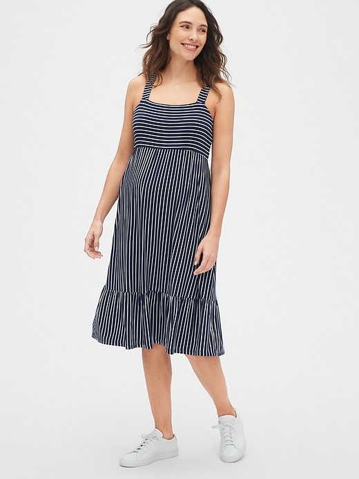 1 of 8 showing, with the color NAVY WHITE STRIPE of product Maternity Ruffle-Hem Apron Dress