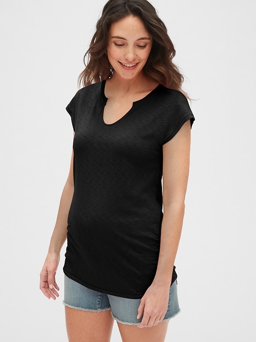 1 of 8 showing, with the color true black of product Maternity Soft Slub Jersey Split-Neck T-Shirt