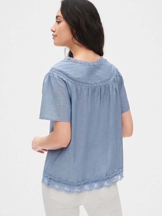 Image number 2 showing, Lace-Trim Chambray Flutter Sleeve Blouse