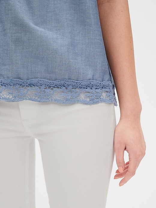 Image number 5 showing, Lace-Trim Chambray Flutter Sleeve Blouse