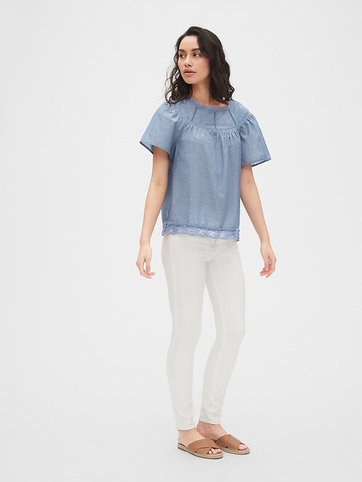 Image number 3 showing, Lace-Trim Chambray Flutter Sleeve Blouse