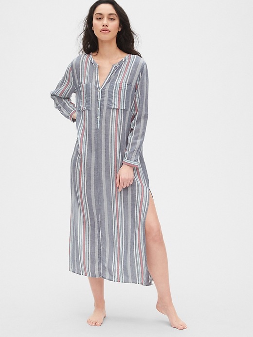 1 of 8 showing, with the color grey multi stripe of product Dreamwell Crinkle Stripe Maxi Shirtdress