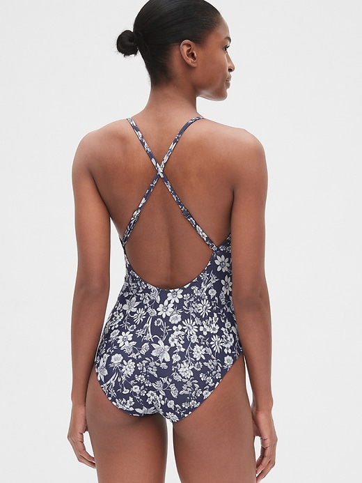 2 of 8 showing, with the color blue floral of product Print Lace-Up Crossback One-Piece Suit