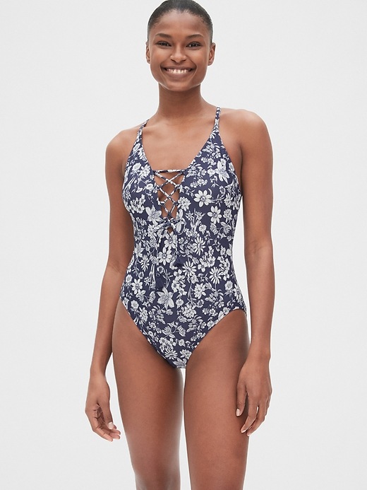 Image number 1 showing, Print Lace-Up Crossback One-Piece Suit