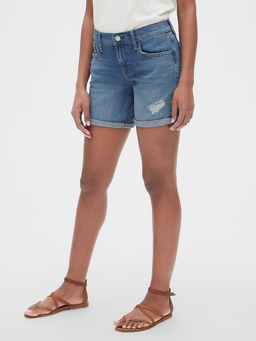 Image number 1 showing, Mid Rise 5" Denim Shorts with Distressed Detail