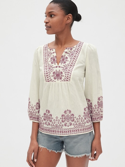 Embroidered Bib-Front Blouse