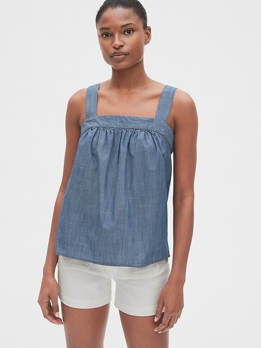 1 of 8 showing, with the color medium indigo of product Apron Tank Top in Chambray