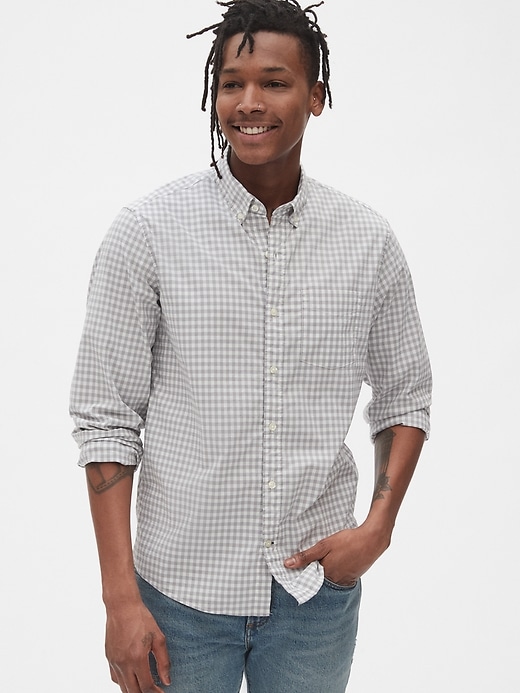 Man outfit inspiration Lived-In Stretch Poplin Shirt in Untucked Fit check shirt men