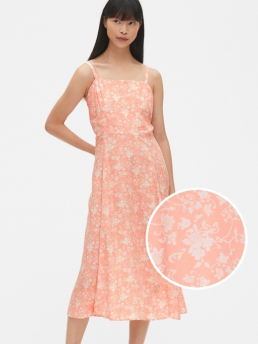 1 of 8 showing, with the color pink floral of product Print Fit and Flare Cami Midi Dress