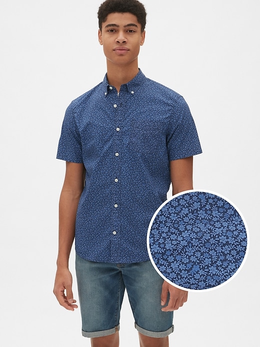 1 of 8 showing, with the color navy floral of product Lived-In Stretch Poplin Short Sleeve Shirt