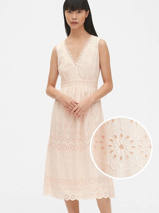 Eyelet Embroidered V-Neck Midi Dress