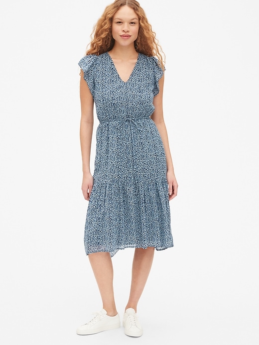 1 of 8 showing, with the color blue floral of product Floral Print Tiered Midi Dress