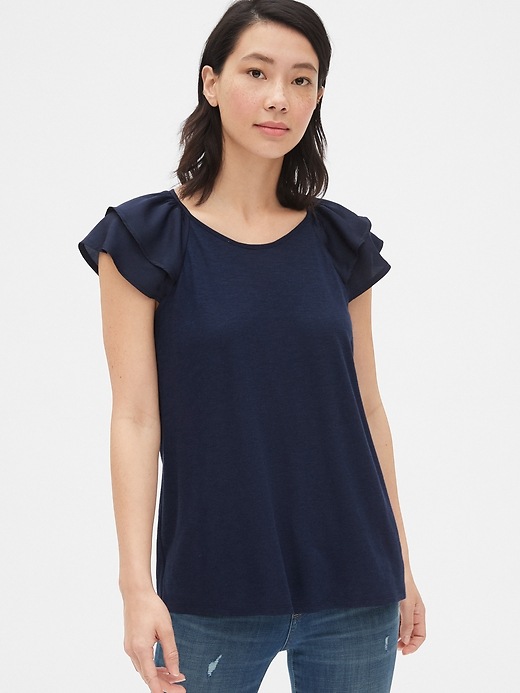 Image number 1 showing, Mix-Fabric Ruffle Sleeve Top