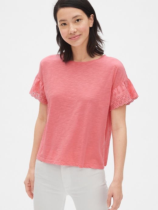 View large product image 1 of 1. Eyelet Embroidered Ruffle Sleeve T-Shirt