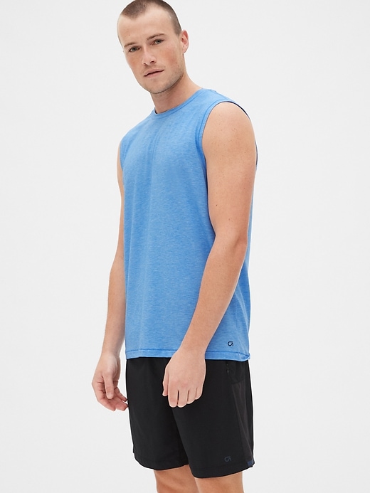 1 of 8 showing, with the color blue streak of product Gapfit Breathe Sleeveless T-Shirt