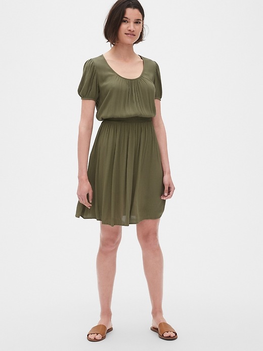 1 of 8 showing, with the color spanish olive of product Crinkle Smocked Cap Sleeve Dress