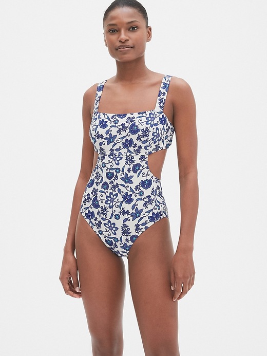 View large product image 1 of 1. Cut-Out Floral Print One-Piece Suit