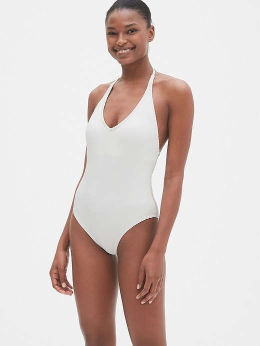 1 of 8 showing, with the color white of product Ribbed Halter One-Piece Suit
