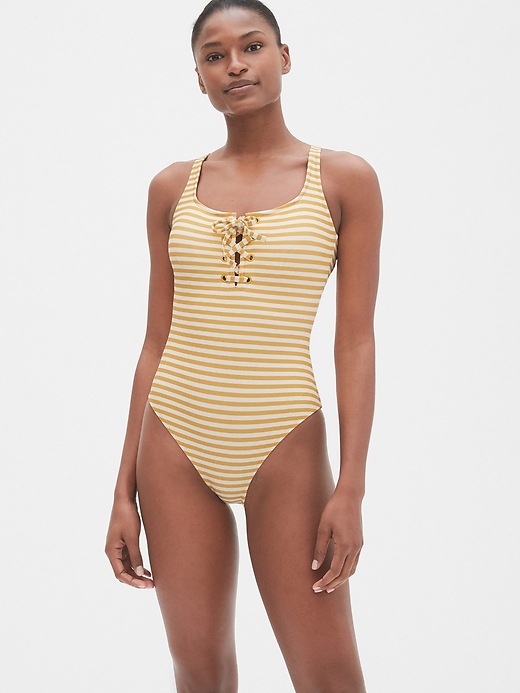 1 of 8 showing, with the color yellow stripe of product Print Lace-Up One-Piece Suit